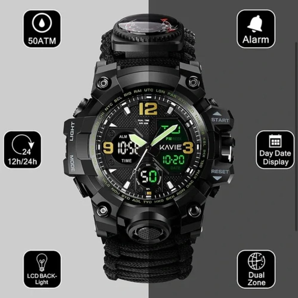 New BLACK 23-in-1 Survival Military Digital Watch,Mens Tactical Multi-Functional